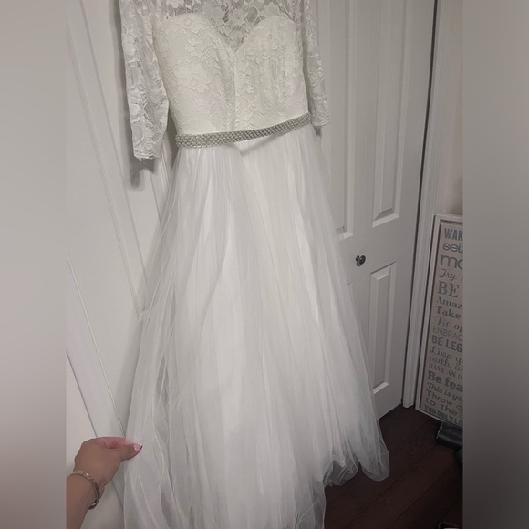 Beautiful Ivory Lace & Tulle Beaded Sash A-Line Wedding Dress sz.18 - Picture 4 of 13